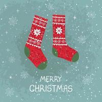 Vector modern greeting card with colorful hand draw illustration of Christmas socks. Merry christmas. Use it for design poster, card, banner, t-shirt print, invitation, greeting card, other graphic design