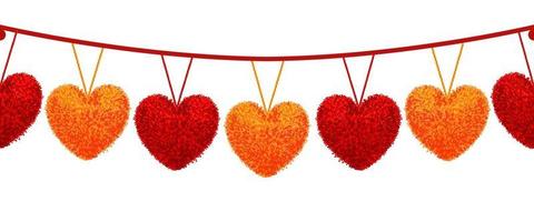 Vector colorful illustration of decortive elements with red and orange pompoms in shape heart hanging on the ropes as garland isolated on white background Decor Valentines day design. Seamless pattern