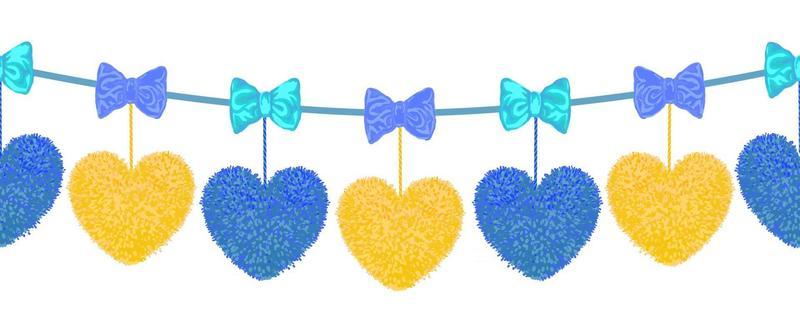 Vector colorful seamless pattern of decortive element with pompoms hearts hanging on the ropes and bows as garland isolated on white background. Decor for Valentines day or baby shower design.