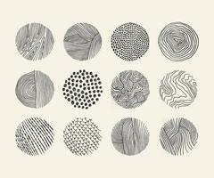 Set of simple vector illustrations of various round shaped elements with wavy thin lines and dots