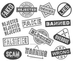 Collection of vector illustrations of black stamps with various inscriptions including Fake Scam Wrong Rejected Overdue isolated on white background