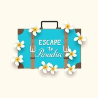 Hand made summer lettering and suitcase with tropical flowers. Summer hand written Calligraphy - Escape to paradise. Summer time vector