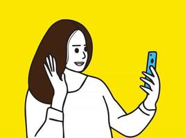 woman making facetime video calling with smartphone. using zoom meeting online app, social distancing, work from home remotely during covid-19 coronavirus lockdown, new normal concept vector design