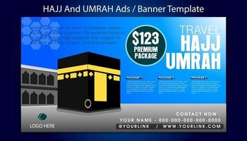 Plantilla de banner de hajj y umrah con fondo azul cielo vector