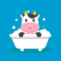 personaje de dibujos animados lindo vaca tomar baño vector