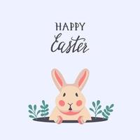 Cute rabbit peeps out of a hole with Happy Easter text vector