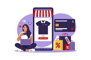 Woman online shopping. Black friday. Pay with credit card. Sale. Modern concept for web. Vector illustration. Flat style.