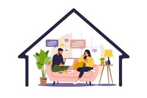 Women and man sitting in a sofa and working online at home. Social distancing and self-isolation during corona virus quarantine. Vector illustration. Flat style.