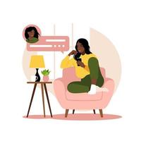 African woman sitting on sofa with phone. Working in phone. Freelance, online education or social media concept. Flat style. Vector illustration isolated on white.