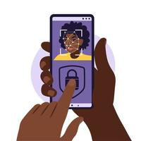 Face recognition and identification, face ID concept. Hands with phones with biometric identification. Vector illustration. Flat