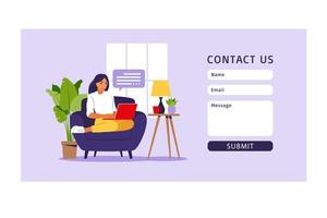 Contact us form template for web and Landing page. Freelancer girl working at home on laptop. Online customer support, help desk concept and call center. Vector illustration in flat.