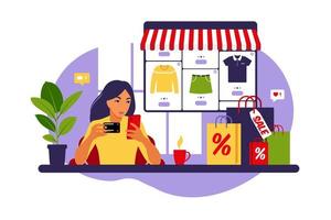 Woman online shopping. Black friday. Pay with credit card. Sale. Modern concept for web. Vector illustration. Flat style.