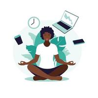 mujer de negocios africana practicando meditación y yoga con iconos de oficina en el fondo. concepto de gestión del tiempo. ilustración vectorial. Departamento. vector