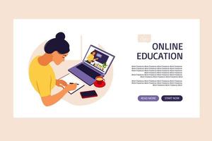 Online learning concept. Online education landing page. Teacher at chalkboard, video lesson. Distance study at school. Vector illustration. Flat style.