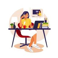 Girl study at computer. Online learning concept. Video lesson. Distance study. Can use for web banner, infographics, hero images. Vector illustration. Flat style.