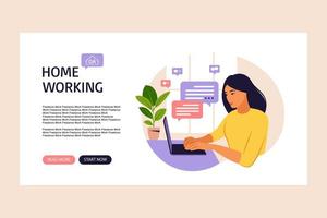 Freelancer girl working at home on laptop. Landing page. Online customer support, help desk concept and call center. Vector illustration in flat.