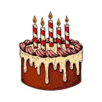 pastel de cumpleaños colorido dibujado a mano con velas aisladas en blanco. ilustración vectorial en estilo boceto vector