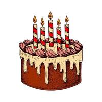 Hand drawn colorful Birthday cake with candles isolated on white. Vector illustration in sketch style