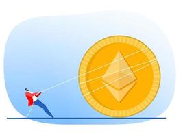 El empresario tira de la cuerda hacia arriba la flecha del concepto de crecimiento de la moneda ethereum vector ilustración de diseño plano.