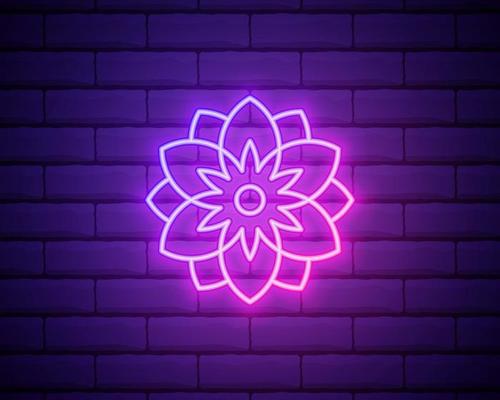 Flower pink glowing neon ui ux icon. Glowing sign logo vector . Glowing flower isolated on brick wall background