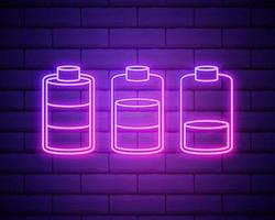 Set of battery neon icon. Charger glowing sign. Vector symbol of low and full battery isolated on brick wall.