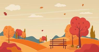 Autumn landscape with trees and bench. Vector illustration