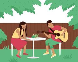 The guitarist plays a serenade in the yard of his woman vector