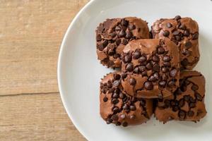 Dark chocolate brownies with chocolate chips on top photo