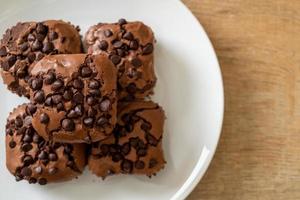 Dark chocolate brownies with chocolate chips on top photo