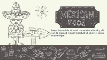 ilustración un boceto dibujado a mano para un diseño sobre el tema de la comida mexicana un mexicano se encuentra junto a una señal de tráfico bebida de pimienta tequila tortilla taco y burrito vector