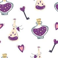 Seamless pattern with magic potion and hearts.  Background with love drink and heart. Love concept for Valentine's Day. Suitable for gift papers, fabrics and prints. Decor for Halloween. Vector