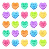 25 Sweethearts candy set flat style design vector illustration isolated on white background. Sweet heart shape candy with inspiration conversations text and date candy treat, Valentine day symbols.