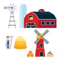 Countryside harvestind and farming building and tools set. Barn with windmill and silo, mill with hay bale and bags of flour, and farmer with hayforkm bucket and pile of hay flat style vector isolated