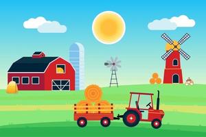 Village harvesting landscape poster, banner or wallpaper. The tractor with semi-trailer and hay bale, red barn with silo, windmill and mill with flour producing flat style design vector illustration.