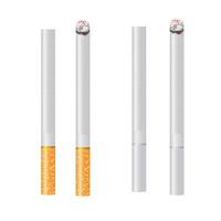 Realistic design of two various of cigarettes. Burning and no burning 3d design style vector illustration isolated on white background.