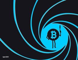 Bitcoin moneda criptográfica en el círculo de la ilustración de vector de barril estriado. agente secreto, detective, personaje espía poco moneda con una ilustración de estilo plano de pistola