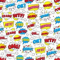 Colorful comic speech bubbles seamless pattern w1ith phrases OMG, POW, BANG, OOPS, WOW, SURPRISE, BOOM etc. Flat style design vector illustration isolated on white background. Chaotic version.