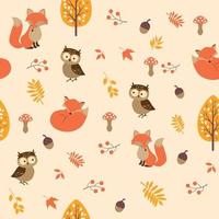 Autumn seamless pattern with tree fox owl berries leaves and mushrooms vector