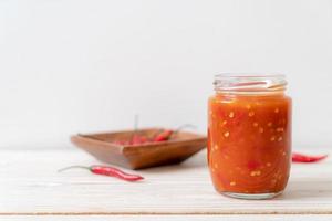 Chile o salsa de chile en botella y tarro sobre fondo de madera