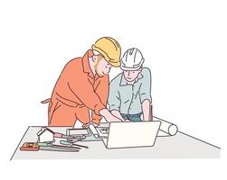 Two experts at a construction site are having a meeting while looking at the blueprints on the table. hand drawn style vector design illustrations.