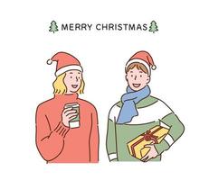 Two smiling friends wearing Christmas hats. hand drawn style vector design illustrations.