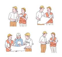 Construction site workers talking while looking at blueprints. hand drawn style vector design illustrations.