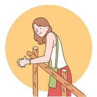 A girl is standing leaning against a fence. hand drawn style vector design illustrations.