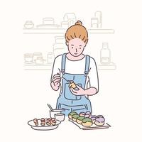 A woman is baking. hand drawn style vector design illustrations.