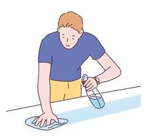 A man is spraying detergent and wiping the desk. hand drawn style vector design illustrations.