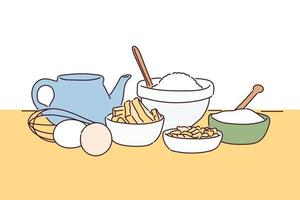 ingredientes para cocinar en la mesa. ilustraciones de diseño de vectores de estilo dibujado a mano.