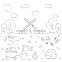 Color farm animals in field. Coloring page for kids. vector