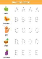 Tracing letters of English alphabet. Writing practice. vector