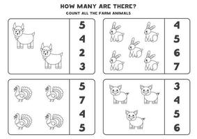 Counting game with black and white farm animals. Math worksheet. vector