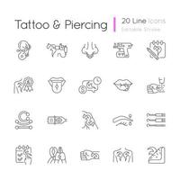 Tattoo and piercing linear icons set. Creating beautiful pictures on human skin. Professional tools. Customizable thin line contour symbols. Isolated vector outline illustrations. Editable stroke